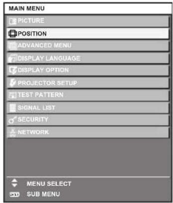 MAIN MENU PICTURE POSITION ADVANCED MENU DISPLAY LANGUAGE DISPLAY OPTION PROJECTOR SETUP TEST PATTERN SIGNAL LIST SECURITY NETWORK MENU SELECT SUB MENU