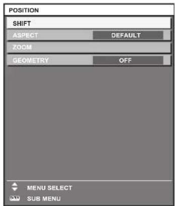 POSITION SHIFT ASPECT DEFAULT ZOOM GEOMETRY OFF MENU SELECT SUB MENU