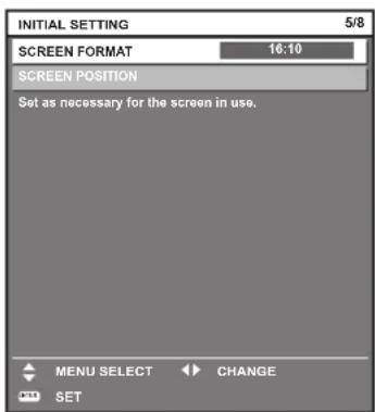 INITIAL SETTING 5/8 SCREEN FORMAT 16:10 SCREEN POSITION Set as necessary for the screen in use. MENU SELECT CHANGE SET