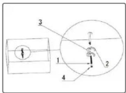 Technical diagram showing a mechanical assembly with labeled components 1, 2, 3, and 4, including a circular component and a cylindrical housing.