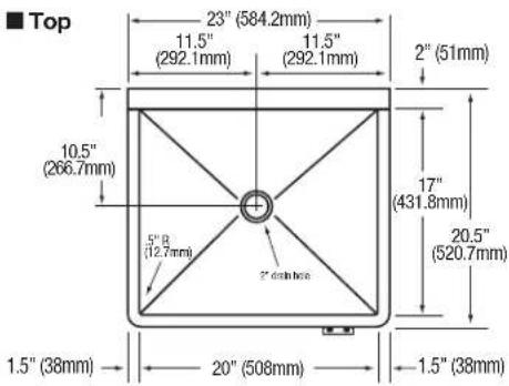 Top 23" (584.2mm) 11.5" (292.1mm) 11.5" (292.1mm) 2" (51mm) 10.5" (266.7mm) 17" (431.8mm) 20.5" (520.7mm) 5" (12.7mm) 2" cast box 1.5" (38mm) 20" (508mm) 1.5" (38mm)