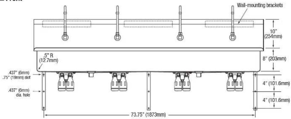Wall-mounting brackets 10" (254mm) 8" (203mm) 5" R (12.7mm) A37" (6mm) .75" (19mm) slot A37" (6mm) dia. hole 4" (101.6mm) 4" (101.6mm) 73.75" (1873mm)