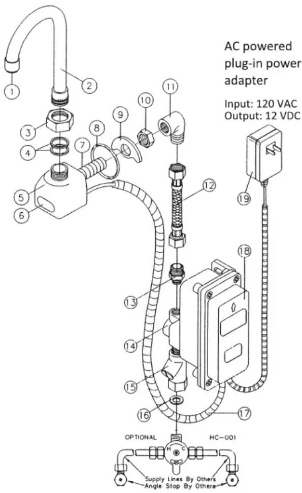 AC powered plug-in power adapter Input: 120 VAC Output: 12 VDC OPTIONAL HC-001 Supply Lines By Others Angle Stop By Others