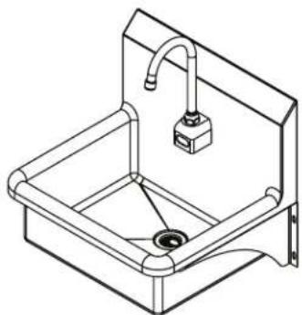 Line drawing of a stainless steel sink with faucet and drain (no text or symbols)