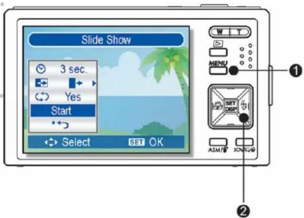 Slide Show 3 sec. Yes Start Select SET OK W T MENU SET DISP ASM/SON/TWID ① ②