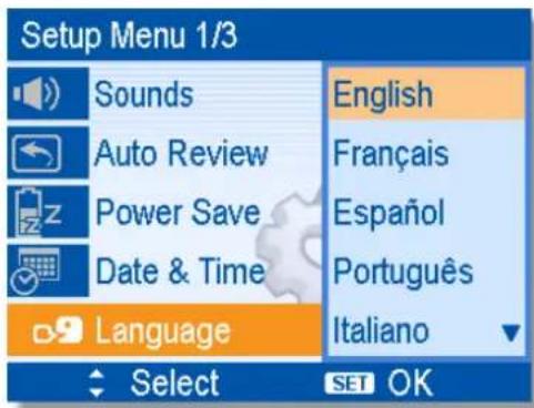 Setup Menu 1/3 Sounds Auto Review Power Save Date & Time Language English Français Español Português Italiano Select SET OK