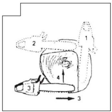Diagram of a mechanical device with numbered parts and directional arrows indicating motion or force
