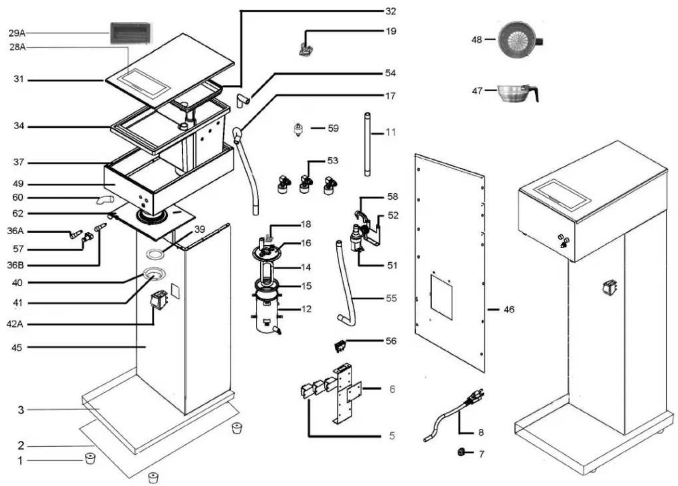 Exploded view diagram of a kitchen appliance with numbered parts and labeled parts