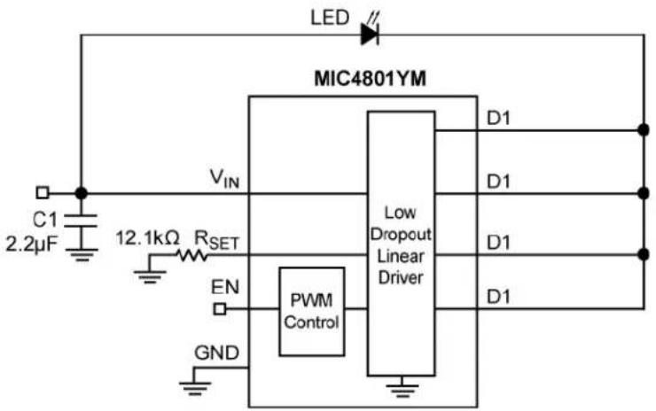 LED MIC4801YM C1 2.2µF VIN 12.1kΩ RSET EN PWM Control GND Low Dropout Linear Driver D1 D1 D1 D1