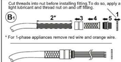 Cut threads into nut before installing fitting. To do so, apply a light lubricant and thread nut on and off fitting. B1 2* 3 4 5 1 * For 1-phase appliances remove red wire and orange wire.