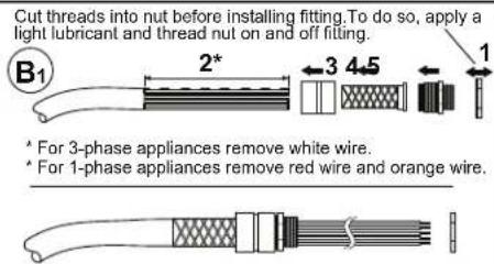 Cut threads into nut before installing fitting. To do so, apply a light lubricant and thread nut on and off fitting. B1 2* 3 4.5 1 * For 3-phase appliances remove white wire. * For 1-phase appliances remove red wire and orange wire.