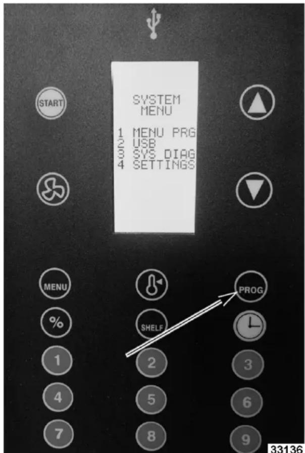 SYSTEM MENU 1 MENU PRG USB 3 SYS DIAG 4 SETTINGS MENU % 1 2 3 4 5 6 7 8 9 PROG SHELF 33136