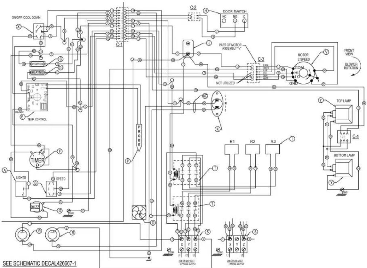 ON/OFF/COOL DOWN POWER ON HEATING TEMP. CONTROL TIMER LIGHTS SPEED BUZZ PROBE C-1 C-2 H DOOR SWITCH NC NO C PART OF MOTOR ASSEMBLY "V" C-3 MOTOR 2 SPEED COM HI LO GND NOT UTILIZED FRONT VIEW BLOWER ROTATION K L T R1 R2 R3 L TOP LAMP C-4 BOTTOM LAMP SEE SCHEMAIC DECAL426667-1