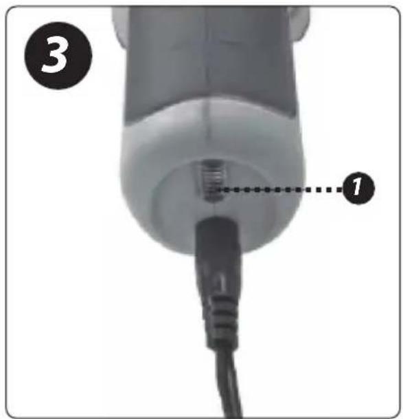 Close-up diagram of a handheld device with labeled parts, showing a connector and cable connection.