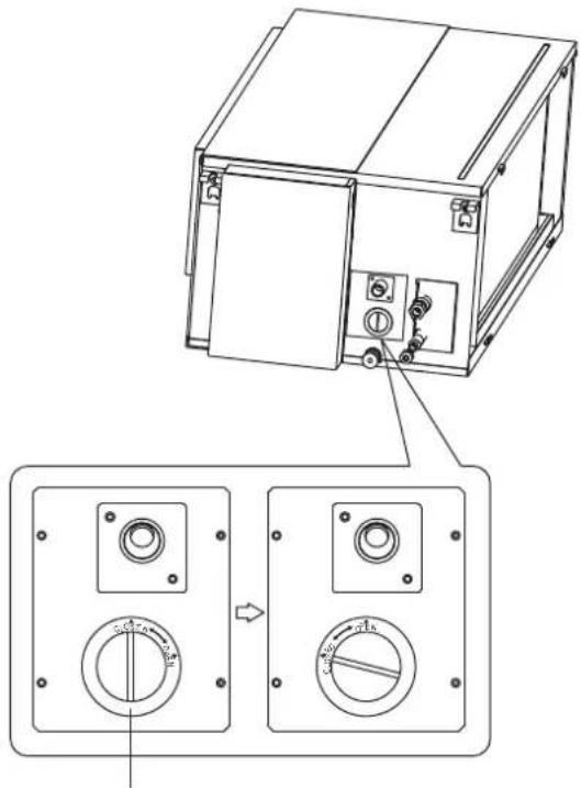 Technical diagram showing a device with labeled components and two separate control panels with rotary dials.