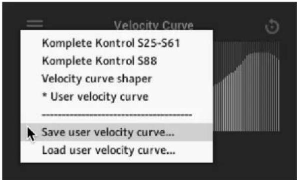 Velocity Curve Komplete Kontrol S25-S61 Komplete Kontrol S88 Velocity curve shaper * User velocity curve Save user velocity curve... Load user velocity curve...