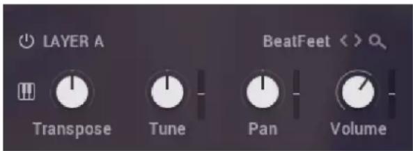LAYER A BeatFeet < > Transpose Tune Pan Volume