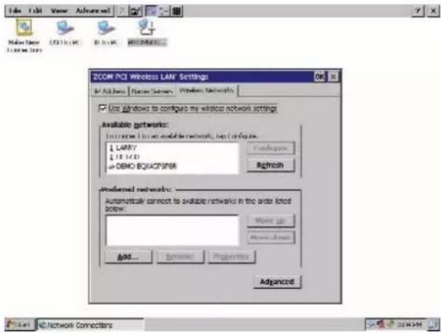 XCOM PCI Wireless LAN Settings Use windows to configure my wireless network settings Available networks: 1 LARRY 2 18.1/4.0 3 DEMO-BOXACPSNR Professional networks: Automotive connect to available network in the order listed below: Add... Remove... Properties Advanced