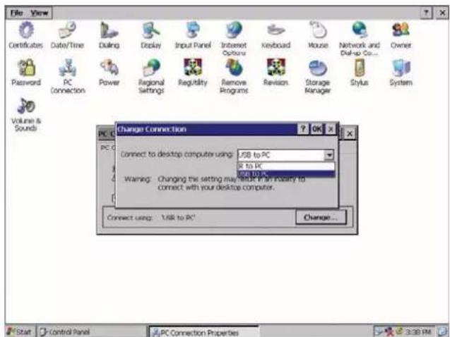 File View Certificates Date/Time Duling Display Input Panel Internet Options Keyboard Mouse Network and Dial-up Co... Owner Password PC Connection Power Regional Settings Regularity Remove Programs Revision Storage Manager Stylus System Volume & Sounds Change Connection Connect to desktop computer using: USB to PC R to PC Warning: Changing the setting may feature an instance to connect with your desktop computer. Connect using: USB to PC Change...