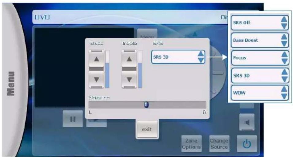 DVD Menu Base Trable SPS SRS 3D Balance L R exit Zone Options Change Source SRS off Bass Boost Focus SRS 3D WOW