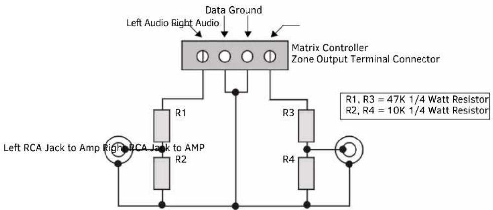 Data Ground Left Audio Right Audio Matrix Controller Zone Output Terminal Connector R1 R3 R2, R3 = 47K 1/4 Watt Resistor R2, R4 = 10K 1/4 Watt Resistor Left RCA Jack to Amp Right RCA Jack to AMP R2