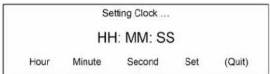 Setting Clock ... HH: MM: SS Hour Minute Second Set (Quit)
