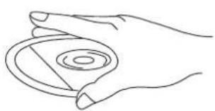 Line drawing of a hand holding a circular object with a ring (no text or symbols)