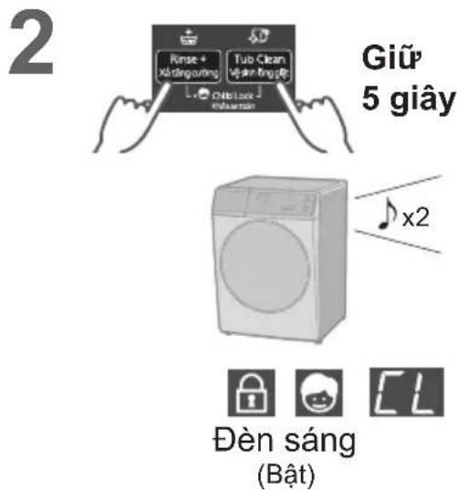 2 Rinse + Xidanganging Tub Clean 60000000000 Dielac 50000000000 Giữ 5 giây x2 Đèn sáng (Bật)