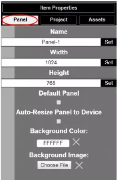 Item Properties Panel Project Assets Name Panel-1 Set Width 1024 Set Height 768 Set Default Panel ■ Auto-Resize Panel to Device ■ Background Color: FFFFFFX Background Image: Choose FileX