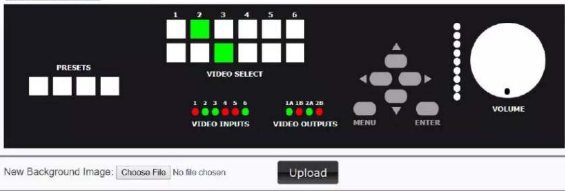 1 2 3 4 5 6 PRESETS VIDEO SELECT 1 2 3 4 5 6 VIDEO INPUTS 1A 18 2A 2B VIDEO OUTPUTS MENU ENTER VOLUME New Background Image: Choose File No file chosen Upload
