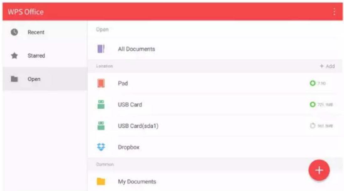 WPS Office Recent Starred Open Open All Documents Location + Add Pad 7.50 USB Card 721.9MB USB Card(sda1) 961.9MB Dropbox Common My Documents