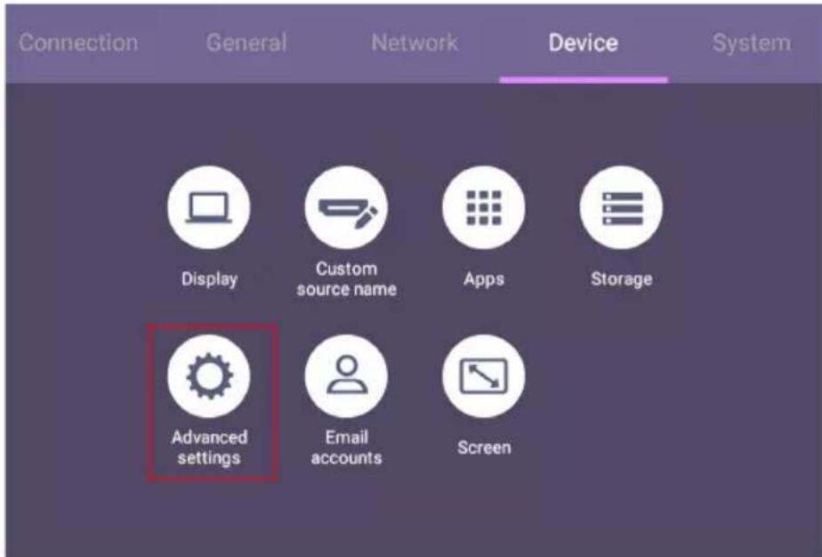 Connection General Network Device System Display Custom source name Apps Storage Advanced settings Email accounts Screen