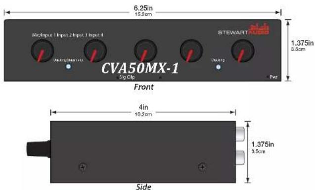 6.25in 15.9cm Mio:Input 1 Input 2 Input 3 Input 4 Steewart 1.375in 3.5cm CVA50MX-1 Sig Clp Paf Front 4in 10.2cm Side 1.375in 3.5cm