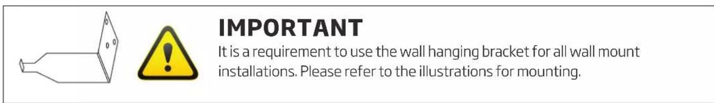 IMPORTANT It is a requirement to use the wall hanging bracket for all wall mount installations. Please refer to the illustrations for mounting.