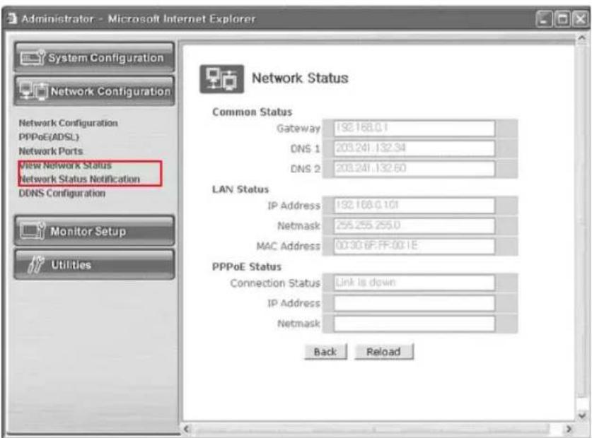 Administrator - Microsoft Internet Explorer System Configuration Network Configuration Network Configuration PPPoE(ADSL) Network Ports View Network Status Network Status Notification DDNS Configuration Monitor Setup Utilities Network Status Common Status Gateway 192.168.0.1 DNS 1 203.241.132.34 DNS 2 203.241.132.60 LAN Status IP Address 192.168.0.101 Netmask 255.255.255.0 MAC Address 00:30:6F:PF:00:1E PPPoE Status Connection Status Link is down IP Address Netmask Back Reload