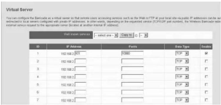 Virtual Server You can configure the Bamcade as a virtual server so that remote users accessing services such as the Web or FTP at your local site via public P addresses can be as reduced to local servers configured with private IP addresses. In other words, depending on the requested service (TCP/IP not numbered), the Wireless Bamcade redin external service request to the appropriate server (located at another internal P address). Visit known services - select one - Copy to ID - ID IP Address Parts Data Type Enabled 1 192 168.2 101 10000 TCP ☑ 2 192 168.2 3 192 168.2 4 192 168.2 5 192 168.2 6 192 168.2 7 192 168.2 Data Type Enabled