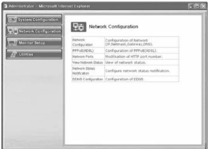 Administrator - Microsoft Internet Explorer System Configuration Network Configuration Monitor Setup Utilities Network Configuration Network Configuration PPPcE(ADSL) Network Ports View Network Status Network Status Notification DDMS Configuration Configuration of Network (IP,Netmask,Gateway,DNS). Configuration of PPPcE(ADSL). Modification of HTTP port number. View of network status. Configure network status notification. Configuration of DDNS.