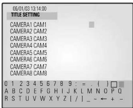 06/01/03 13:14:00 TITLE SETTING CAMERA1 CAM1 CAMERA2 CAM2 CAMERA3 CAM3 CAMERA4 CAM4 CAMERA5 CAM5 CAMERA6 CAM6 CAMERA7 CAM7 CAMERA8 CAM8 0 1 2 3 4 5 6 7 8 9 : = . ( ) □ A B C D E F G H I J K L M N O P Q R S T U V W X Y Z [ / ] _ ~ ← + -