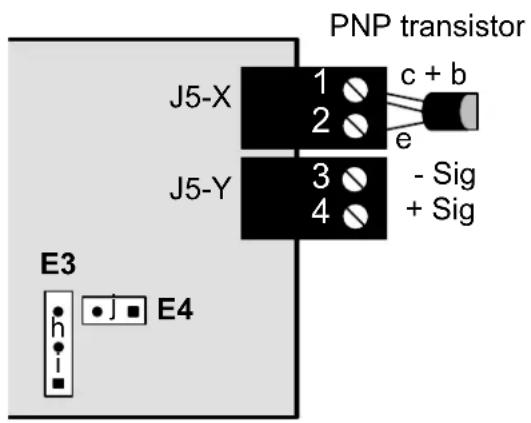 PNP transistor J5-X 1 c + b 2 e J5-Y 3 - Sig 4 + Sig E3 E4