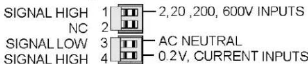 SIGNAL HIGH 1 2,20,200,600V INPUTS NC 2 SIGNAL LOW 3 AC NEUTRAL SIGNAL HIGH 4 0.2V, CURRENT INPUTS