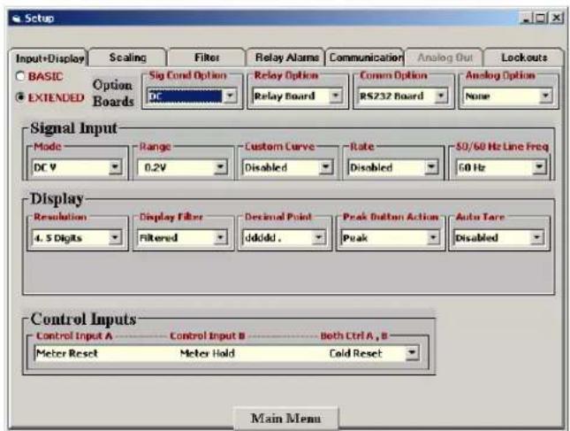 Setup Input+Display Scaling Filter Relay Alarms Communication Analog Out Lockouts BASIC Option Sig Cond Option Relay Option Comm Option Analog Option EXTENDED Boards DC Relay Board RS232 Board None Signal Input Mode Range Custom Curve Rate 50/60 Hz Line Freq DC V 0.2V Disabled Disabled 60 Hz Display Revolution Display Filter Decimal Point Peak Button Action Auto Tape 4.5 Digits Filtered Control Inputs Control Input A------------Control Input B------------Both Ctrl A,B Meter Reset Meter Hold Cald Reset Main Menu
