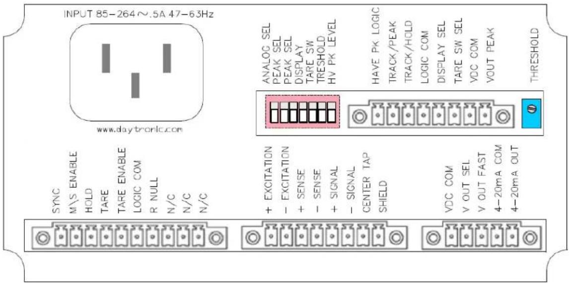 INPUT 85-264~.5A 47-63Hz www.daytronic.com SYNC M/S ENABLE HOLD TARE TARE ENABLE LOGIC COM R NULL N/C N/C N/C ANALOG SEL PEAK SEL PEAK SEL DISPLAY TARE SW TRESHOLD HV PK LEVEL HAVE PK LOGIC TRACK/PEAK TRACK/HOLD LOGIC COM DISPLAY SEL TARE SW SEL VDC COM VOUT PEAK THRESHOLD + EXCITATION - EXCITATION…