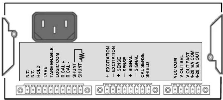 N/C N/C HOLD TARE TARE ENABLE LOGIC COM R CAL + R CAL - SHUNT SHUNT + EXCITATION - EXCITATION + SENSE - SENSE + SIGNAL - SIGNAL CAL SENSE SHIELD VDC COM V OUT SEL V OUT FAST 4-20 mA COM 4-20 mA OUT