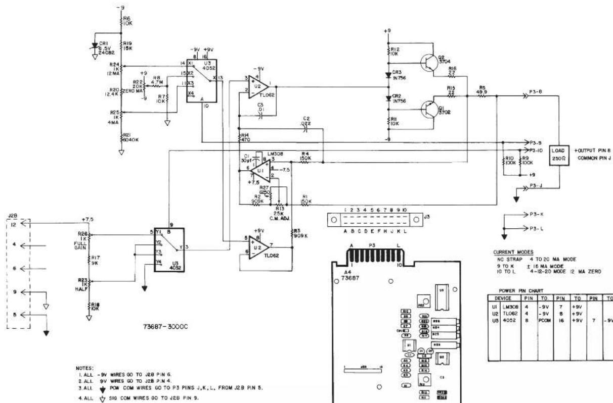R6 10K R19 15K R24 12 MA R20 12.4 K R25 1K 4MA R21 9040K +9 +9V +9V U3 4052 I4 X1 15X2 I3 X4 A -9V +9V -9V +9V -9V +9V -9V +9V -9V +9V -9V +9V -9V +9V -9V +9V -9V +9V -9V +9V -9V +9V -9V +9V -9V +9V -9N 14 15X2 11X3 10X4 TLO62 C3 Q1 Q2 CR3 IN756 CR2 IN756 R15 R10K R5 49.9 P3-8 P3-ID LOAD 250Ω +OUTPUT PIN B COMMON PIN J R10 10OK +9 +9V -12 VOUT R3- P3-L P3-K P3-I0 P3-S P3-I10K R10 10OK +9 +9V -7.5 VOUT LM308 30kV 3 U1 4 7.5 VOUT R27 25K C.M. ADJ. R13 25K C.M. ADJ. R3 909K 1 2 3 4 5 6 7 8 9 10 A B C D E F H U K L I 2 3 4 5 6 7 8 9 10 A C D E F H U K L P3-X A P3 L A4 T3687 CURRENT MODES NO STAP 4 TO 20 MA MODE 9 TO K ±16 MA MODE 10 TO L 4-18-20 MODE 12 MA ZERO POWER PIN CHART DEVICE PIN TO PIN TO PIN TO LM308 4 -9V 7 +9V U2 4 -9V 8 +9V U3 4052 B PCOM I6 +9V 7 -9V U4 4052 SIO COM WIRE SO TO JEB PIN 9. NOTES: I. ALL -9V WIRES GO TO J2B PIN 6. 2. ALL 9V WIRES GO TO J2B PIN 4. 3. ALL POW COM WIRES GO TO P3 PINS J,K,L, FROM J2B PIN 5. 4. ALL SIG COM WIRES GO TO JEB PIN 9.