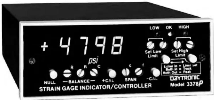 + 4798 psi NULL — BALANCE — +CAL SPAN -CAL CONSTAIN GAGE INDICATOR/CONTROLLER DAYTRONIC Model 3378p LOW OK HIGH Set Low Limit Set High Limit Eunder in = Limit Set Both in = Track Both Out = Peak