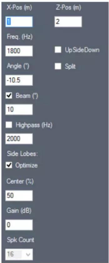 X-Pos (m) Z-Pos (m) 1 2 Freq. (Hz) UpSideDown 1800 Split Angle (°) - -10.5 ✓ Beam (°) 10 □ Highpass (Hz) 2000 Side Lobes: ✓ Optimize Center (%) 50 Gain (dB) 0 Spk Count 16
