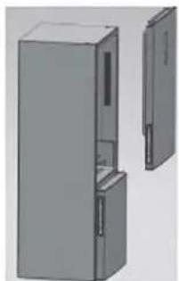 3D rendering of a refrigerator with front and side views (no text or symbols)