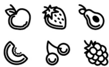 Six simple line drawings of fruits and vegetables: peach, strawberry, avocado, crescent, pear, grape (no text or symbols)
