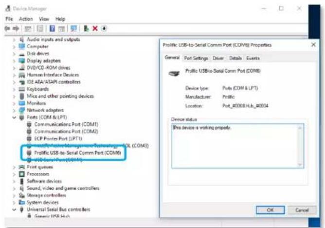 Device Manager File Action View Help Audio Inputs and outputs Computer Disk drives Display adapters DVD/CD-ROM drives Human Interface Devices IDE ATA/ATAPI controllers Keyboards Mice and other pointing devices Monitors Network adapters Ports (COM & LPT) Communications Port (COM1) Communications Port (COM2) ECP Piners Port (LPT1) USB to Serial Comm Port (COM3) Prolific USB-to-Serial Comm Port (COM6) USB Serial Port (COM7) Print queues Processors Software devices Sound, video and game controllers Storage controllers System devices Universal Serial Bus controllers Genetic USB High Prolific USB-to-Serial Comm Port (COM8) Properties General Port Settings Driver Details Events Prolific USB-to-Serial Comm Port (COM9) Device type: Ports (COM & LPT) Manufacturer: Prolific Location: Port_#0008.Hub_#0004 Device status This device is working properly. OK Cancel