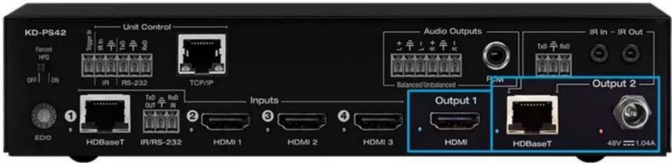 KD-PS42 Forced HPD OFF ON Unit Control Trigger In IR RS-232 TCP/IP 1 TxD RxD 2 IN 3 Outputs HDBaseT IR/RS-232 HDMI 1 HDMI 2 HDMI 3 Audio Outputs Balanced/Unbalanced PCM Output 1 HDMI HDBaseT 48V 1.04A IR In - IR Out Output 2
